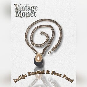 Vintage Monet Purple Enamel & Pearl Teardrop Necklace – 1990s Gold Chain